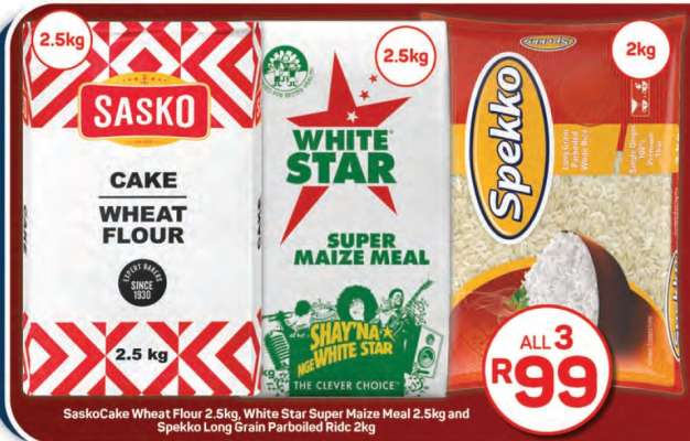 Sasko Cake Wheat Flour, White Star Super Maize Meal, Spekko Long Grain Parboiled Rice