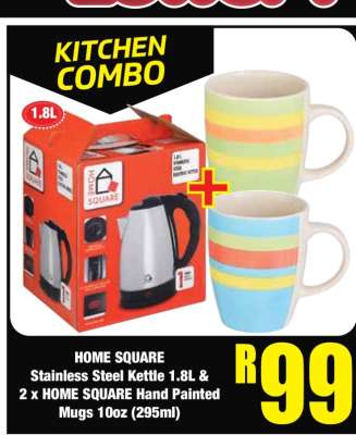HOME SQUARE Stainless Steel Kettle 1.8L & 2 x HOME SQUARE Hand Painted Mugs 10oz (295ml)