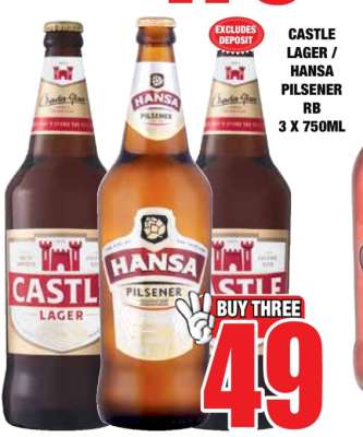 CASTLE LAGER / HANSA PILSENER RB 3 X 750ML