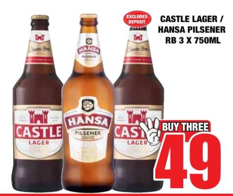 CASTLE LAGER / HANSA PILSENER RB 3 X 750ML
