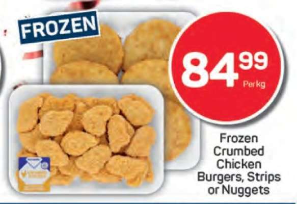 Frozen Crumbed Chicken Burgers, Strips or Nuggets