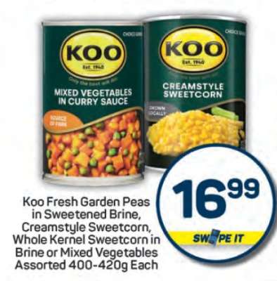 Koo Fresh Garden Peas, Creamstyle Sweetcorn, Whole Kernel Sweetcorn, Mixed Vegetables