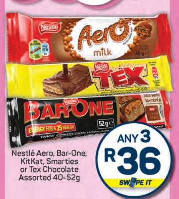 Nestlé Aero, Bar-One, KitKat, Smarties or Tex Chocolate