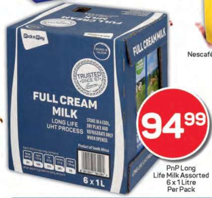 PnP Long Life Milk Assorted 6 x 1 Litre Per Pack
