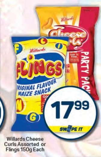 Willards Cheese Curls Assorted or Flings 150g Each