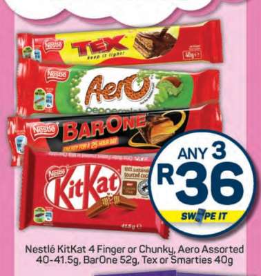 Nestlé KitKat 4 Finger or Chunky, Aero Assorted, BarOne, Tex or Smarties