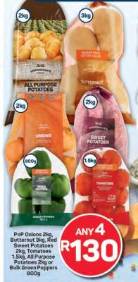 PnP Onions, Butternut, Red Sweet Potatoes, Tomatoes, All Purpose Potatoes, Bulk Green Peppers