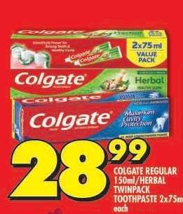 COLGATE REGULAR 150ml/HERBAL TWINPACK TOOTHPASTE 2x75ml