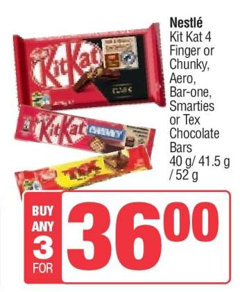 Nestlé Kit Kat 4 Finger or Chunky, Aero, Bar-one, Smarties or Tex Chocolate Bars