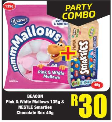 BEACON Pink & White Mallows 135g & NESTLÉ Smarties Chocolate Box 40g