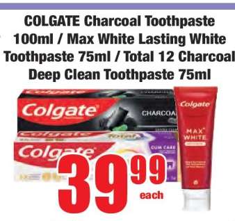 COLGATE Charcoal Toothpaste 100ml / Max White Lasting White Toothpaste 75ml / Total 12 Charcoal Deep Clean Toothpaste 75ml