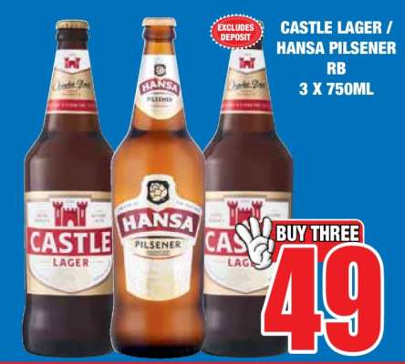 CASTLE LAGER / HANSA PILSENER RB 3 X 750ML