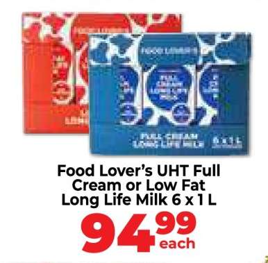 Food Lover’s UHT Full Cream or Low Fat Long Life Milk 6 x 1 L