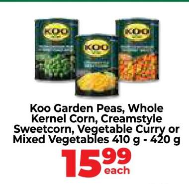 Koo Garden Peas, Whole Kernel Corn, Creamstyle Sweetcorn, Vegetable Curry or Mixed Vegetables
