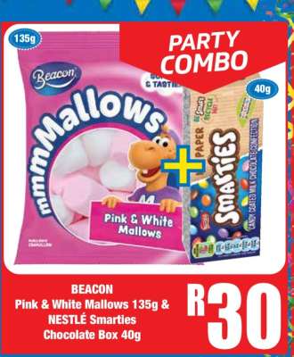 BEACON Pink & White Mallows 135g & NESTLÉ Smarties Chocolate Box 40g
