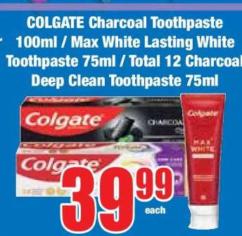 COLGATE Charcoal Toothpaste 100ml / Max White Lasting White Toothpaste 75ml / Total 12 Charcoal Deep Clean Toothpaste 75ml
