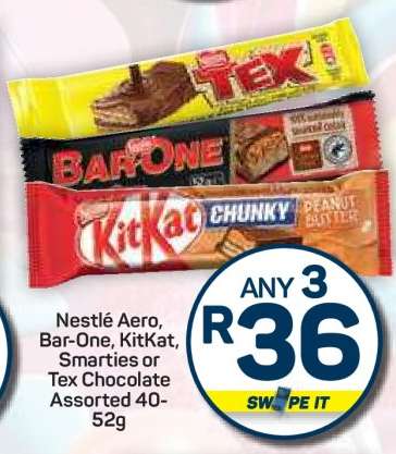 Nestlé Aero, Bar-One, KitKat, Smarties or Tex Chocolate