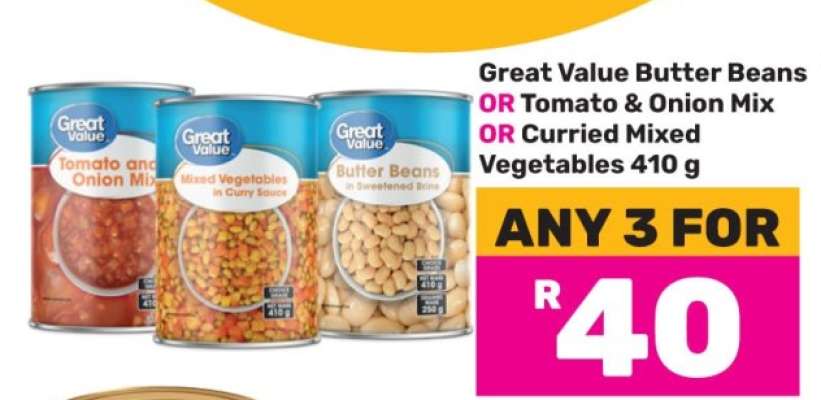 Great Value Butter Beans OR Tomato & Onion Mix OR Curried Mixed Vegetables 410 g