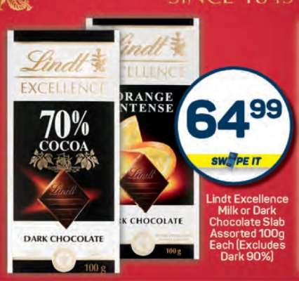 Lindt Excellence Milk or Dark Chocolate Slab Assorted 100g Each (Excludes Dark 90%)