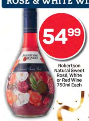 Robertson Natural Sweet Rosé, White or Red Wine 750ml Each