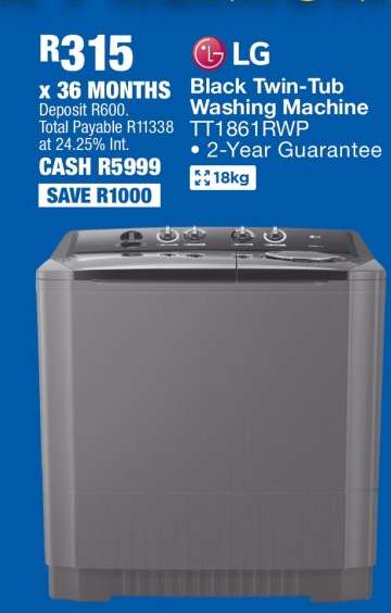 LG Black Twin-Tub Washing Machine TT1861RWP
