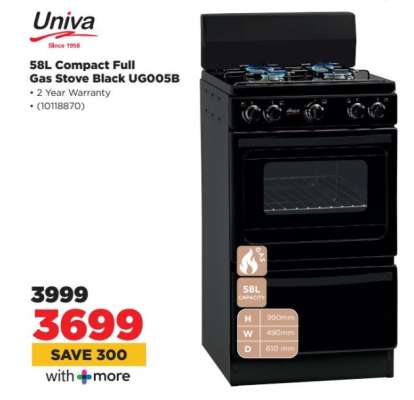 Univa 58L Compact Full Gas Stove Black UG005B