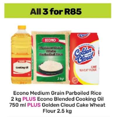 Econo Medium Grain Parboiled Rice, Econo Blended Cooking Oil, Golden Cloud Cake Wheat Flour