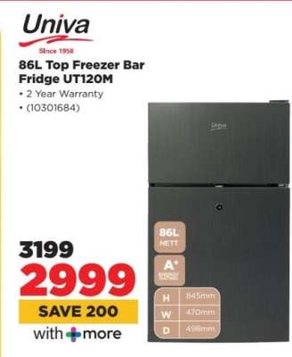 Univa 86L Top Freezer Bar Fridge UT120M