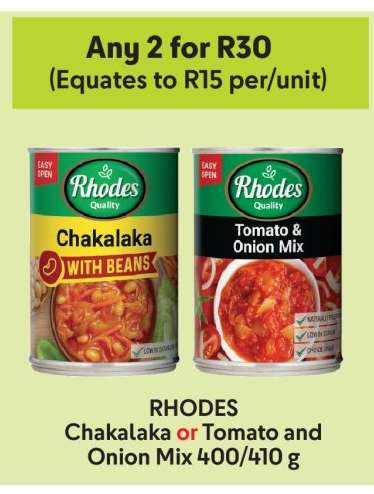 RHODES Chakalaka or Tomato and Onion Mix 400/410 g