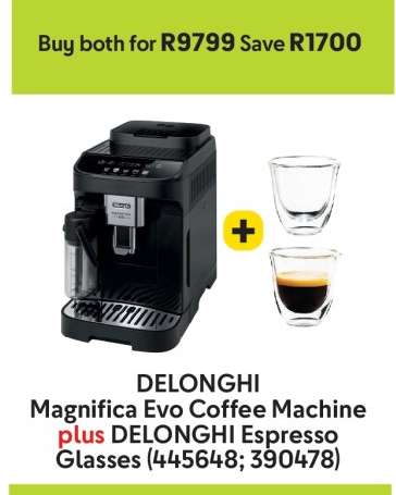 DELONGHI Magnifica Evo Coffee Machine plus DELONGHI Espresso Glasses