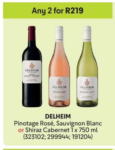 DELHEIM Pinotage Rosé, Sauvignon Blanc or Shiraz Cabernet