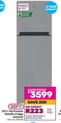 DEFY 157 L Top Freezer Metallic Fridge (DAD239)