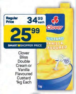 Clover Bliss Double Cream or Vanilla Flavoured Custard 1kg Each