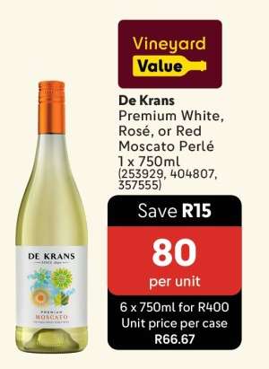 De Krans Premium White, Rosé, or Red Moscato Perlé