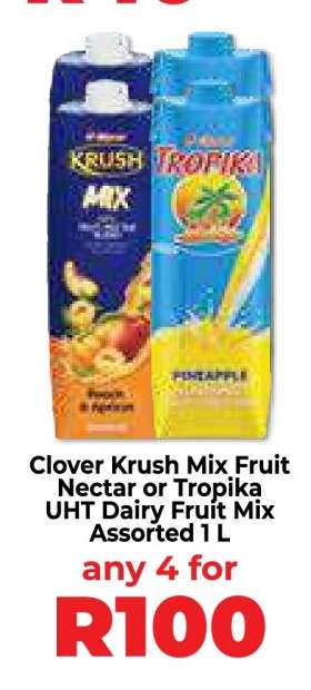 Clover Krush Mix Fruit Nectar or Tropika UHT Dairy Fruit Mix Assorted 1 L