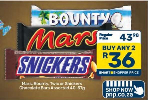 Mars, Bounty, Twix or Snickers Chocolate Bars Assorted 40–57g