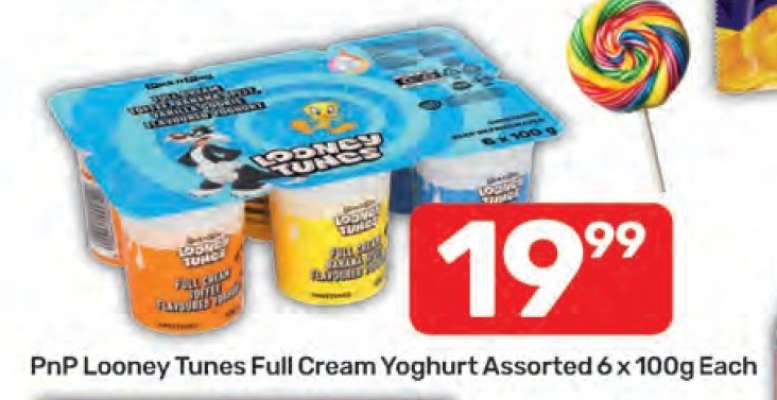 PnP Looney Tunes Full Cream Yoghurt Assorted 6 x 100g Each