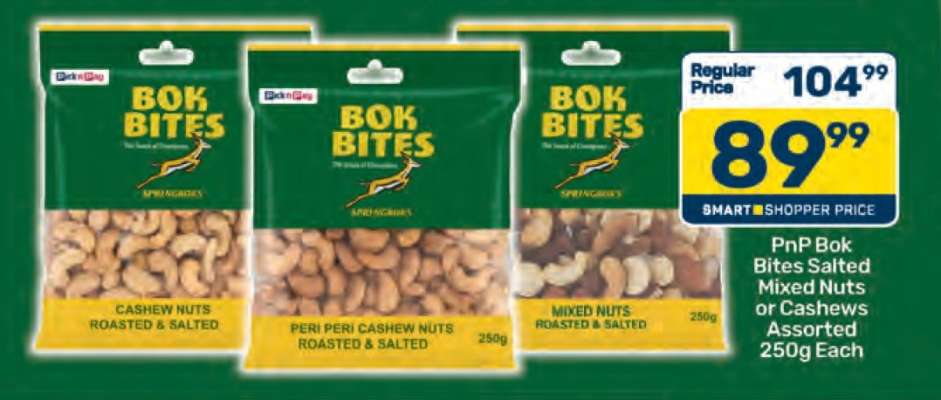 PnP Bok Bites Salted Mixed Nuts or Cashews Assorted 250g Each