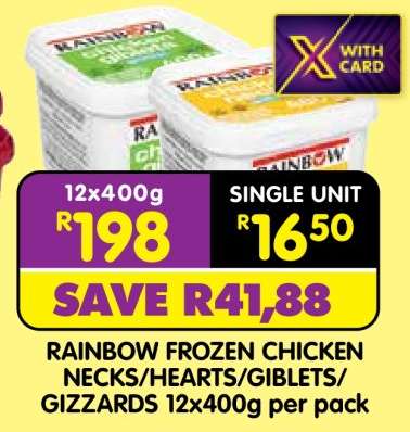 RAINBOW FROZEN CHICKEN NECKS/HEARTS/GIBLETS GIZZARDS 12x400g per pack