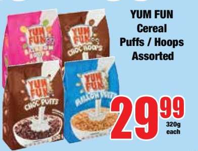 YUM FUN Cereal Puffs / Hoops Assorted