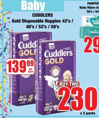 CUDDLERS Gold Disposable Nappies 42's / 46's / 52's / 58's