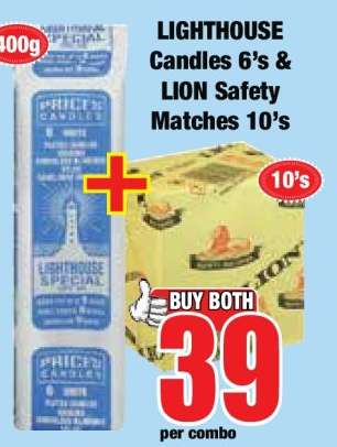 LIGHTHOUSE Candles 6's & LION Safety Matches 10's