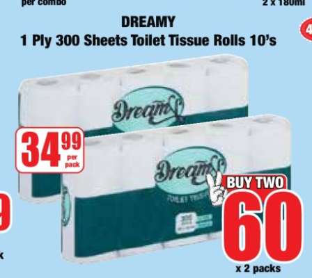 DREAMY 1 Ply 300 Sheets Toilet Tissue Rolls 10's