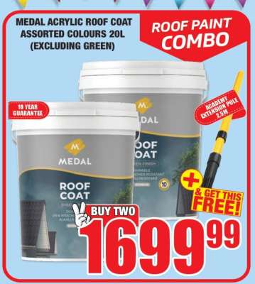 MEDAL ACRYLIC ROOF COAT ASSORTED COLOURS 20L (EXCLUDING GREEN)
