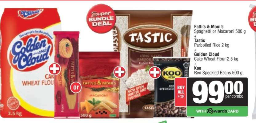 Fatti's & Moni's Spaghetti or Macaroni 500 g, Tastic Parboiled Rice 2 kg, Golden Cloud Cake Wheat Flour 2.5 kg, Koo Red Speckled Beans 500 g
