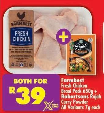 Farmbest Fresh Chicken Braai Pack 650g + Robertsons Rajah Curry Powder
