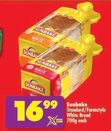 SUNBAKE STANDARD/FARMSTYLE WHITE BREAD 700g each