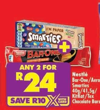 Nestlé Bar-One/Aero/Smarties 40g/41,5g/KitKat/Tex Chocolate Bars