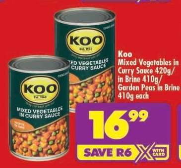 Koo Mixed Vegetables in Curry Sauce 420g/in Brine 410g/Garden Peas in Brine 410g each