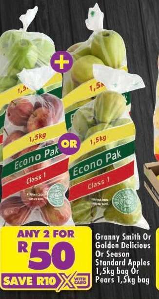 Granny Smith Or Golden Delicious Or Season Standard Apples 1,5kg bag Or Pears 1,5kg bag